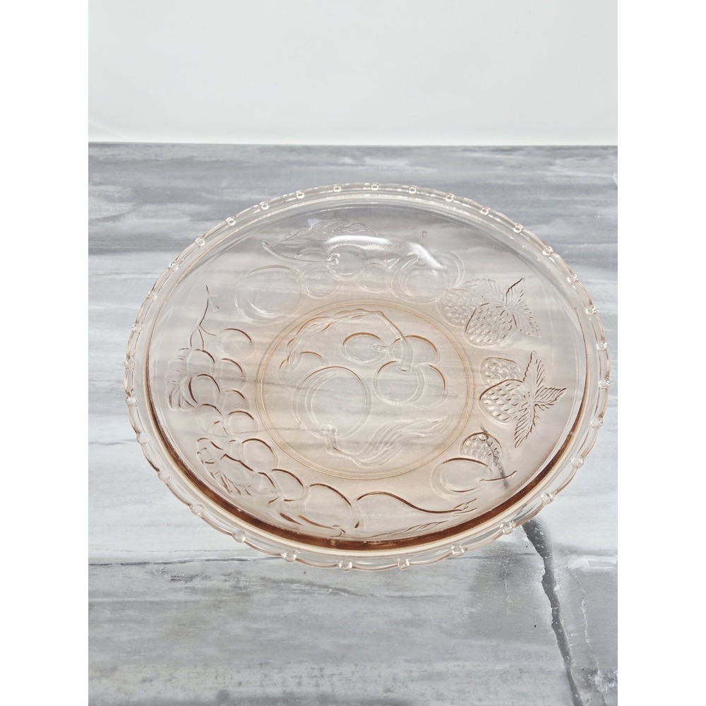 Vintage Pink Glass Bowl KIG Indonesia Fruit Pattern Depression Glass